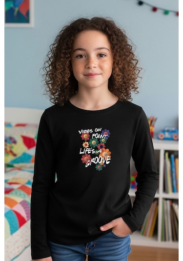 Yuvarlak Yaka Renkli Çiçek Baskılı Kız Çocuk Sweatshirt Siyah