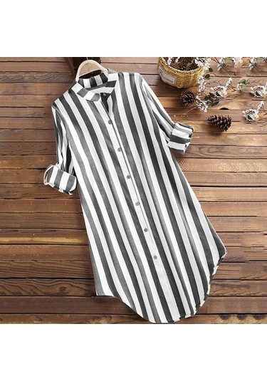 Novahub Kadınlar Zarif Uzun Kollu Düğmeler Aşağı Gömlek Rahat Bahar Sonbahar Bluz Çalışma Blusas Kadın V Boyun Şerit Düzensiz Tunik Tops Siyah Siyah