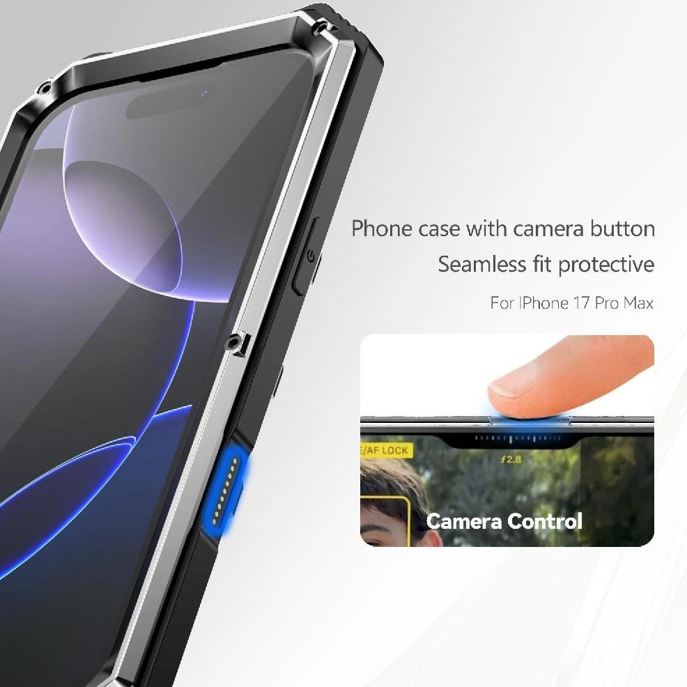 İphone 17 Pro Max İçin Metal Kılıf 360 Tam Vücut Koruyucu Kapak Standlı Ağır Hizmet Dayanıklı Şok Geçirmez Cam Ekran Koruyucu