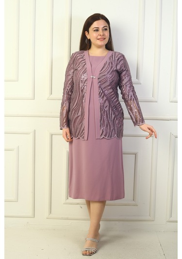 Kadın Pul Ve Sim İşlemeli Tül Ceket Uzun Kollu Astarlı Krep Elbise Büyük Beden 2'li Takım Gülkurusu Kadın Pul Ve Sim İşlemeli Tül Ceket Uzun Kollu Astarlı Krep Elbise Büyük Beden 2'li Takım Gülkurusu