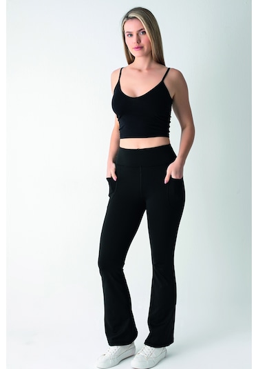 Siyah Yüksek Bel Toparlayıcı Çift Cepli İspanyol Paça Tayt Siyah