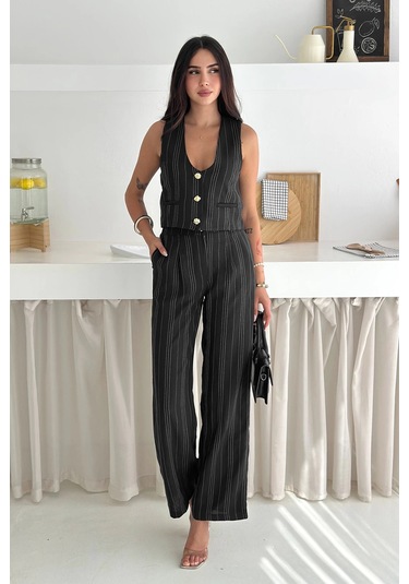 Çizgili Kumaş Yelek Takım Siyah Siyah