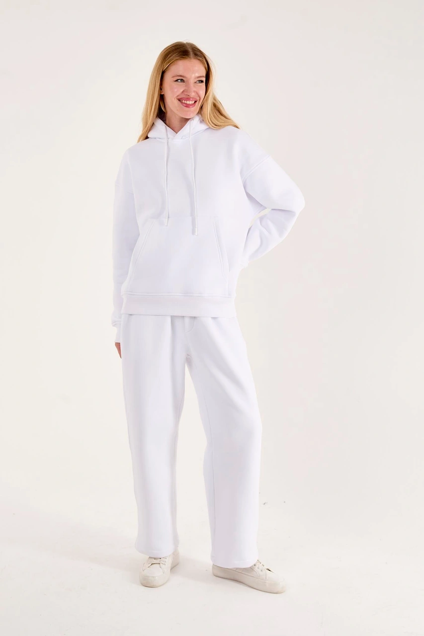 Q-4008 Kapüşonlu Üç İp Şardonlu Sweat Beyaz