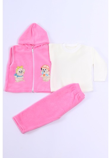 Bebek Polar 3lü Takım Kapşonlu Fermuarlı Nakışlı C23 Pembe