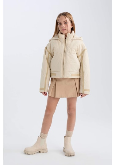 DeFacto Kız Çocuk Su İtici Kapüşonlu Fermuarlı Cepli Mont D6931A825SPBG759 Bej