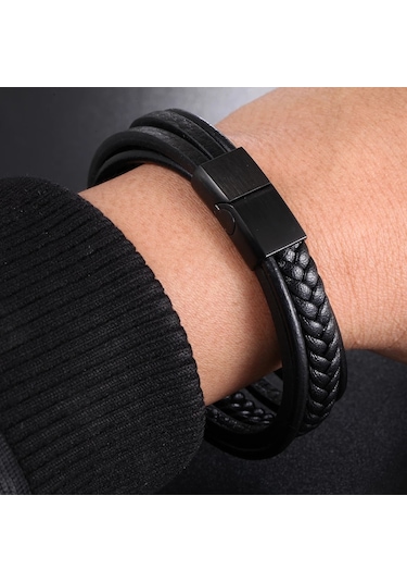 Gogoey Erkek Deri Bileklik Siyah Renk Manyetik Bileklik Db5035 Siyah