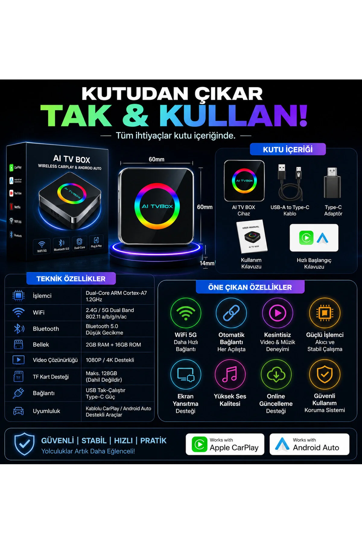 Carplay Ve Android Auto Aı Box 4gb+64gb Android 14 Youtube & Netflix Diğer