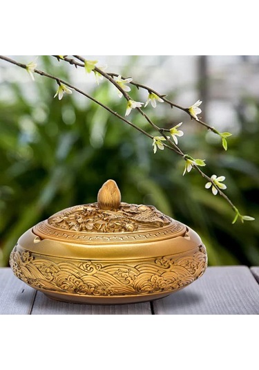 Homyl Kapaklı Dekoratif Kül Tablası Sigara Tutucu İç Altın Altın