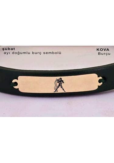 Archin Kova Burçlarına Dikdörtgen Motifli Yeşil Derili 14 Ayar Altın Plakalı Hediye Bileklik-371burç Kova