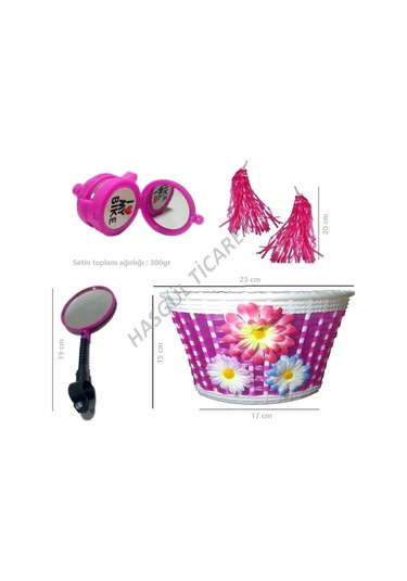 Hsgl Bisiklet Zil Ayna Püskül Hasır Örgülü Plastik Sepet Seti