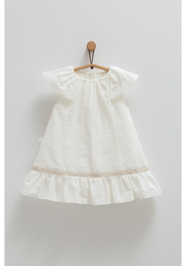 Kız Bebek Elbise Ekru Kolu Çiçek İşlemeli Eteği Nakışlı-1279 Ekru