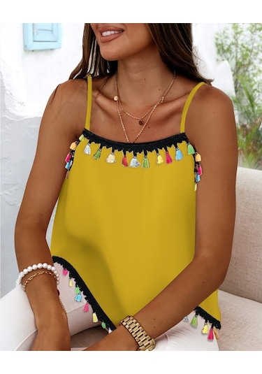 Leyla Sanat Sanata Yeni Bir Bakış Açısı Kadın Ip Askılı Püskül Detaylı Sandy Bluz Sari