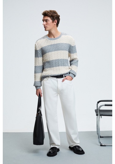 BRAID Erkek Yuvarlak Yaka Saç Örgü Desenli Regular Fit Grimelanj - Bej Kazak