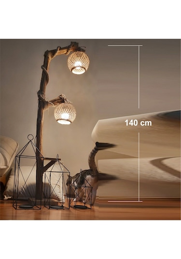 Uzun Ahşap Halatlı 2li Sarı Ledli Lambader Abajur Aplik