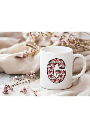 G Harfi Aşk Temalı Kupa - Kalp Desenli Kişiye Özel Romantik Sevgililer Günü Kahve Kupası Beyaz