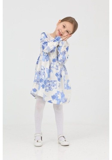 Kız Çocuk Keten Kumaş Dantel Yakalı Elbise 12191 Açık Mavi