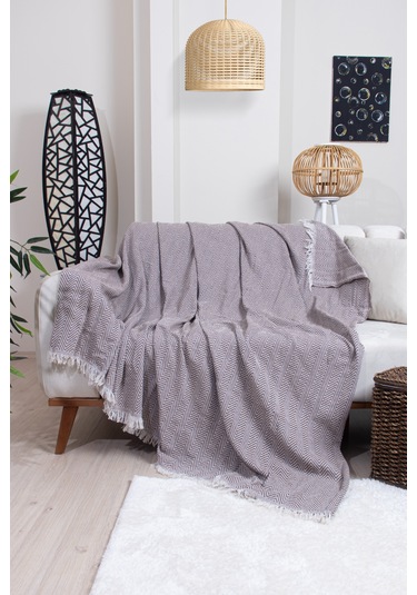 Pamuklu Zikzak Desenli Püsküllü Koltuk Örtüsü 170x210 Cm Dekoratif Ve Çok Amaçlı Kahverengi