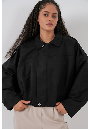 Kadın Siyah Oversize Süet Ceket 1055 Siyah