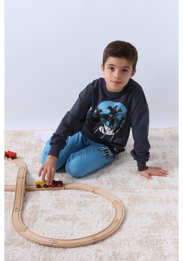 Erkek Çocuk Eşofman Takımı Palmiye Baskılı Ribanalı 4 Mevsim Bisiklet Yaka F13 Mavi