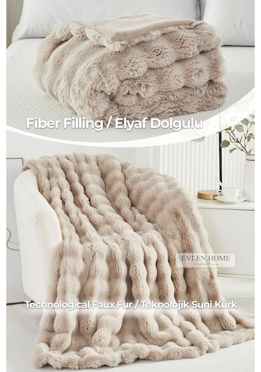 Kürk Yatak Örtüsü Çift Kişilik Dolgulu Peluş Yumuşak Çift Taraflı Yorgan 3 Parça Loria Bej Bej