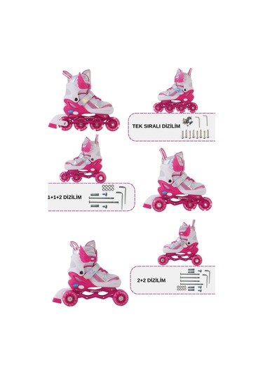 Melek Kanatlı Işıklı Çocuk Pateni Silikon Teker Ayarlanabilir Paten Taşıma Çantalı Fuşya Koyu Pembe