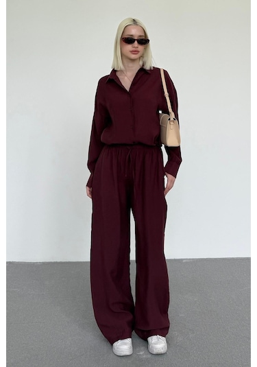 Madmext Bordo Basic Kadın Gömlek Pantolon İkili Takım Mg2352 Bordo