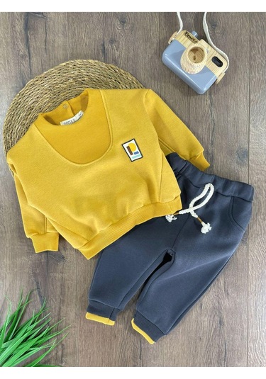 3 İplik İçi Şardonlu Armalı Kışlık Erkek Bebek Takım Koyu Hardal