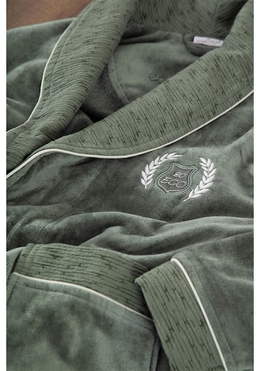 Ecocotton Derin Bej-yeşil "m-l" %100 Organik Pamuk Nakışlı Aile Bornoz Seti Bej - Yeşil