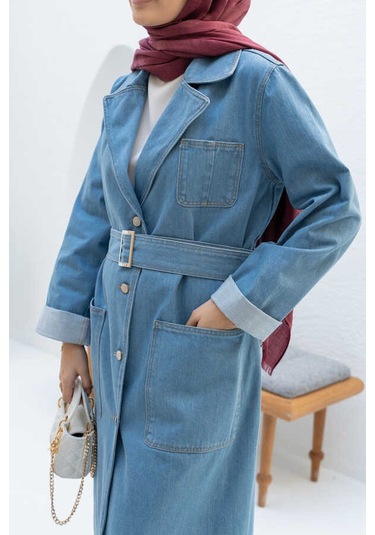 Neways 6655-kuşaklı Denim Ceket Mavi Mavi