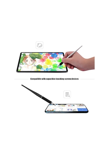 Monyee Metal Kapasitif Kalem 2'li Set Siyah+gümüş - İki Uçlu El Dokusu+sünger - Yüksek Hassasiyetli Yazma Ve Çizim İçin - 2 Adet Yerine Konulabilir Uç Takımı