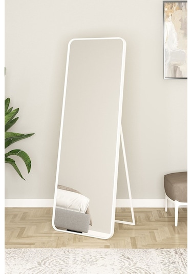 Real Oval Kesimli Metal Çerçeveli Ayaklı Boy Aynası Salon Aynası Yatak Odası Aynası 60 X 170 Cm Beyaz