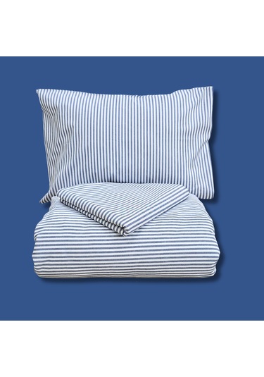 Çift Kişilik %100 Pamuk İnce Çizgili Nevresim Takımı | Lacivert & Beyaz | 4 Parça | Yumuşak Dokulu Lacivert - Beyaz