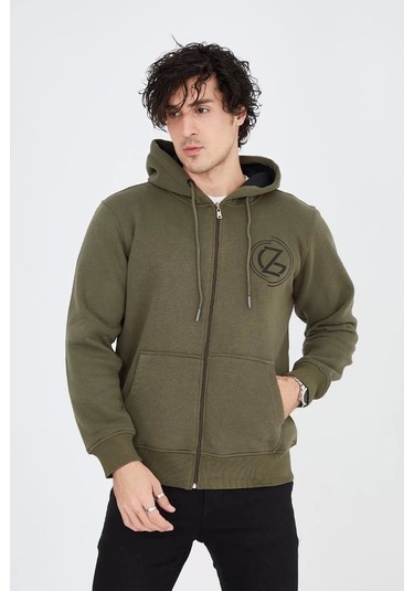 Erkek Kapüşonlu Baskılı Fermuarlı Hırka - Yeşil Yeşil
