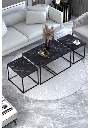 Orta Sehpa Ve Zigon Yan Sehpa Flora Set Bendir Siyah