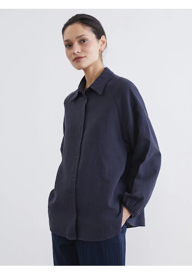 LC Waikiki Lacivert Dokulu Oversize Müslin Kadın Gömlek Tunik