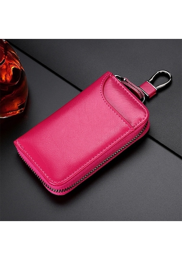 9105 Belden Askılı Büyük Kapasiteli Fermuarlı Deri Anahtarlıklı Çanta Çok Fonksiyonlu Cüzdan Pembe