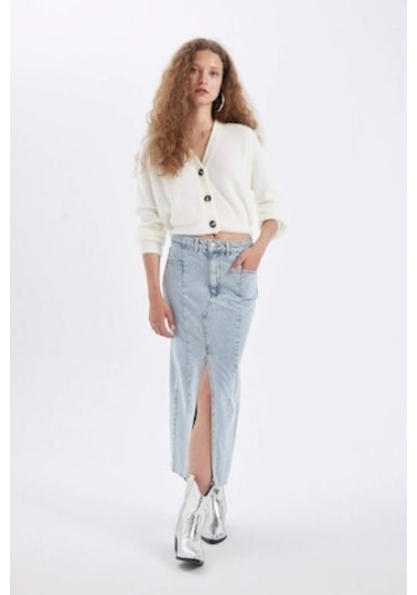 Defacto Fashion Fit Yırtmaçlı Uzun Boy Jean Etek D4419AX24AUNM39 Mavi