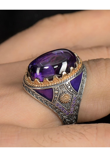 Ametist Taşlı 925 Ayar Gümüş Erkek Yüzüğü Zirkon Taş Süslemeli 800343