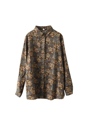 Kadın Baskılı Pamuk Keten Gömlek Kadın Rahat İlkbahar Ve Sonbahar Vintage Uzun Kollu Gömlek Üst Kahve Kahverengi