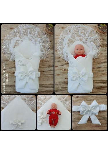 Mevlütlük Dantelli Bebek Kundağı Unisex Bebek Dış Kundak Battaniyesi Hastane Çıkışı Yenidoğan Kundak Ekru