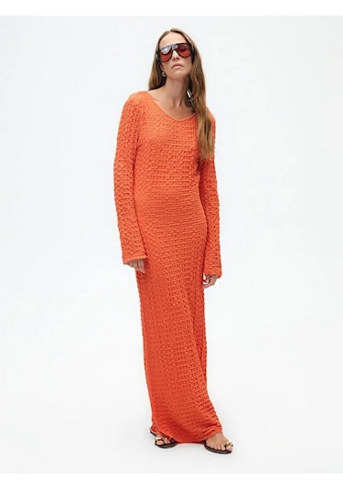 Nocturne Oversize Maxi Elbise - Uzun Kol - Minimalist Stil Kırmızı