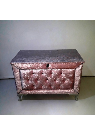 Çeyiz SANDIK Kapitone BÜYÜK Tekli Model PEMBE Kadife Kumaş İçi Kırmızı Tela El Yapım