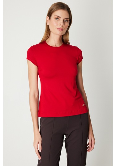 On Kadın Sıfır Yaka Ay Kol Basic Bluz 61302 Kırmızı Kırmızı