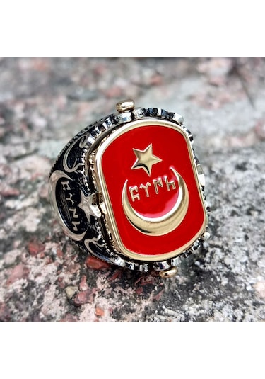 Fkgümüş Kırmızı Mineli Ay Yıldız Siyah Mineli Bozkurt Yüzük