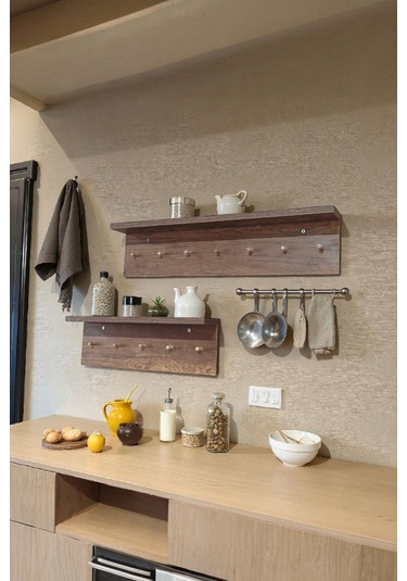 Ahşap Askılık Raflı 70x14 Ve 50x14 Mutfak, Antre, Banyo, Ofis, Mağaza, Çocuk Ve Yatak Odası Ceviz