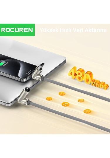Rocoren 240w 4'ü 1 Arada Type-c / Usb-a / Lightning Gri Silikon Şarj Ve Data Kablosu 1.2 Metre
