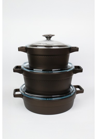 Masterchef Döküm 7 Parça Set Çizgili Tencere Kahverengi