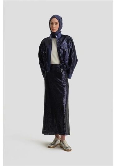 Armine Kumaş Mixli Payetli Ceket 25y5916 Puslu Mor Mavi