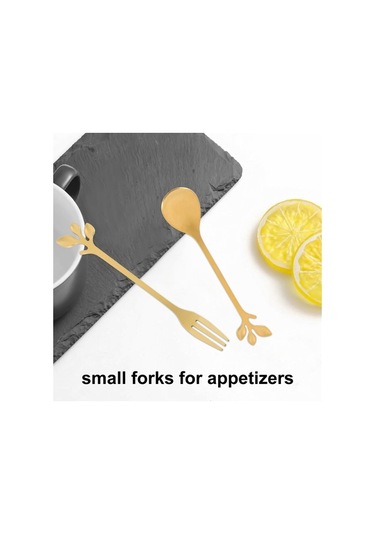 Metabagua 16pcs Tatlı Kaşığı Ve Çatal Seti Kek Çatalı Kahve Kaşığı Meyve Çatalı Paslanmaz Çelik - Altın 9zo6k5 Altın