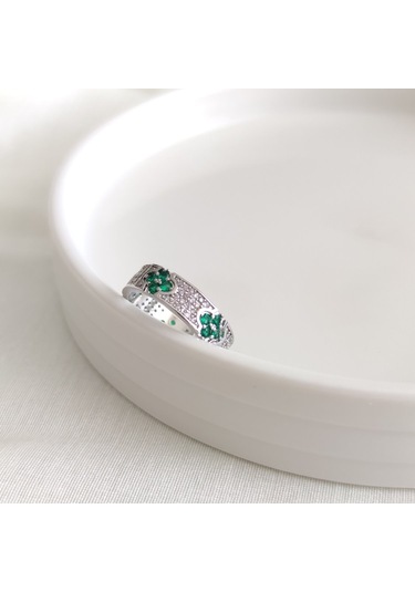 Xupıng 14 Numaraya Kadar Ayarlanabilir Yeşil Çiçek Detaylı Yüzük Beyaz